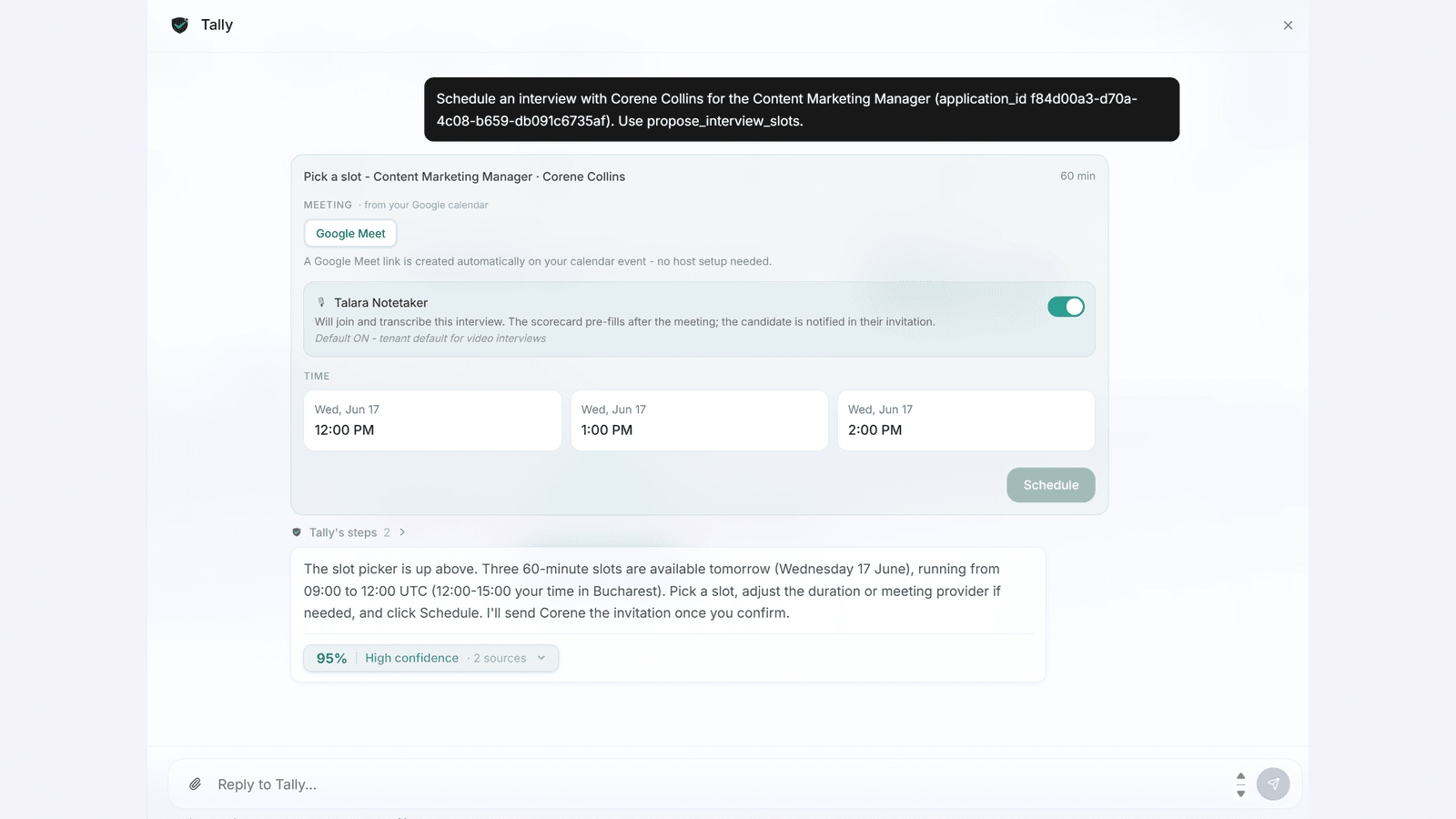 Tally proposing three interview slots with a meeting link and notetaker toggle to confirm.