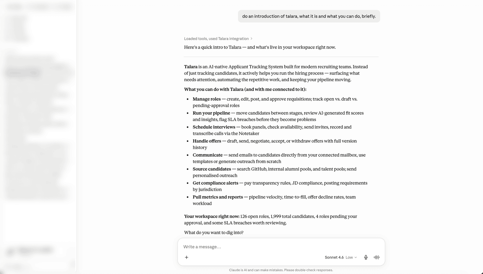 A Claude conversation using Talara over MCP to manage roles, the pipeline, interviews, and offers.