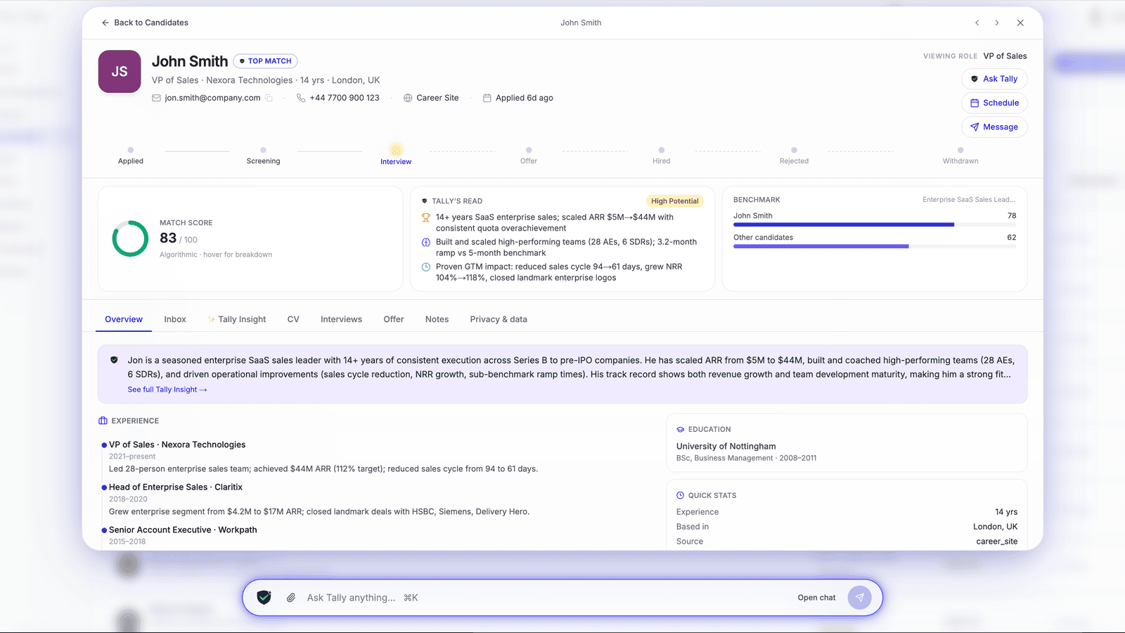 A candidate profile in Talara: Tally's match score, strengths, and a benchmark against others.